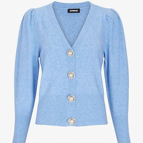 Express Jewel Embellished Faux Button Puff Sleeve Sweater Blue V-neck - Picture 1 of 5
